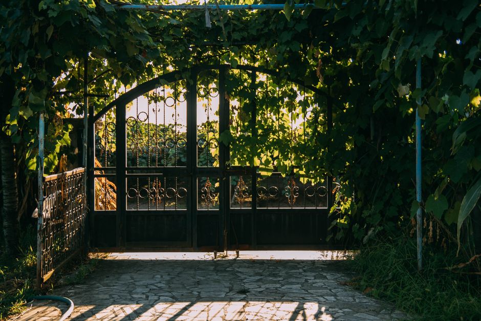 A painted metal gate with a latch and hinge