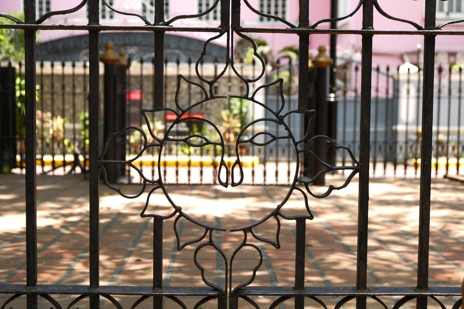 A metal gate and fence section photographed up close